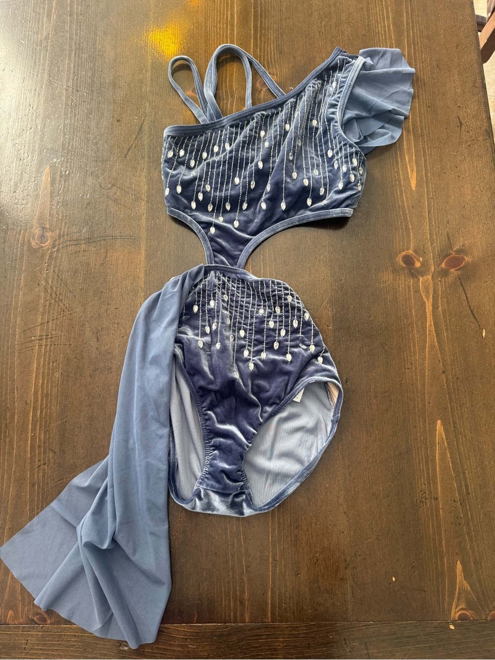 Weissman Dusty Blue Velvet One-Piece Dance Costume with Bead Embellishments